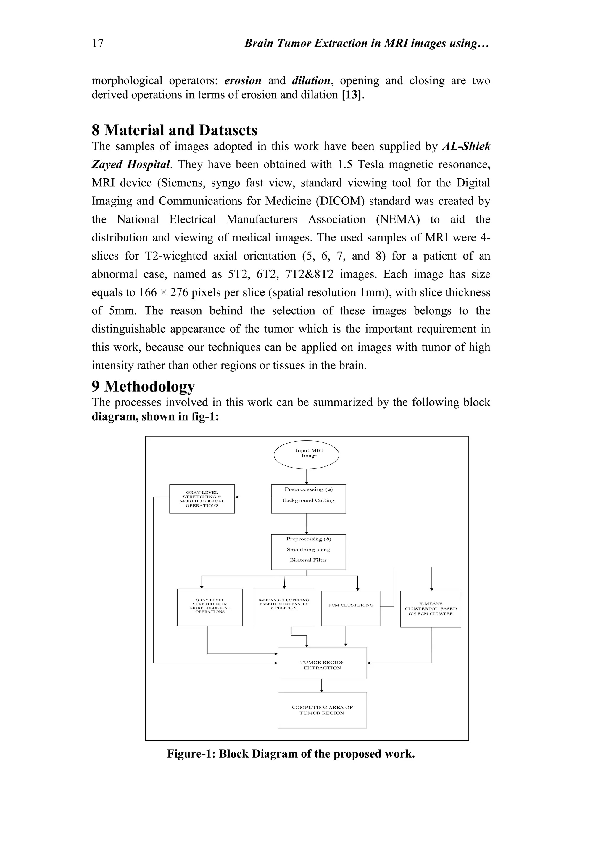 17 Brain Tumor Extraction in MRI images using…
morphological operators: erosion and dilation, opening and closing are two
derived operations in terms of erosion and dilation [13].
8 Material and Datasets
The samples of images adopted in this work have been supplied by AL-Shiek
Zayed Hospital. They have been obtained with 1.5 Tesla magnetic resonance,
MRI device (Siemens, syngo fast view, standard viewing tool for the Digital
Imaging and Communications for Medicine (DICOM) standard was created by
the National Electrical Manufacturers Association (NEMA) to aid the
distribution and viewing of medical images. The used samples of MRI were 4-
slices for T2-wieghted axial orientation (5, 6, 7, and 8) for a patient of an
abnormal case, named as 5T2, 6T2, 7T2&8T2 images. Each image has size
equals to 166 × 276 pixels per slice (spatial resolution 1mm), with slice thickness
of 5mm. The reason behind the selection of these images belongs to the
distinguishable appearance of the tumor which is the important requirement in
this work, because our techniques can be applied on images with tumor of high
intensity rather than other regions or tissues in the brain.
9 Methodology
The processes involved in this work can be summarized by the following block
diagram, shown in fig-1:
Figure-1: Block Diagram of the proposed work.
Preprocessing (a)
Background Cutting
Preprocessing (b)
Smoothing using
Bilateral Filter
FCM CLUSTERING K-MEANS
CLUSTERING BASED
ON FCM CLUSTER
K-MEANS CLUSTERING
BASED ON INTENSITY
& POSITION
GRAY LEVEL
STRETCHING &
MORPHOLOGICAL
OPERATIONS
GRAY LEVEL
STRETCHING &
MORPHOLOGICAL
OPERATIONS
TUMOR REGION
EXTRACTION
COMPUTING AREA OF
TUMOR REGION
Input MRI
Image
 