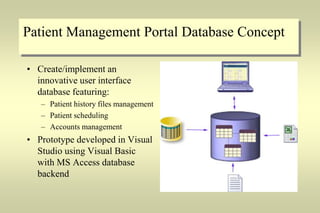 Patient Management Portal Database Concept
• Create/implement an
innovative user interface
database featuring:
– Patient history files management
– Patient scheduling
– Accounts management
• Prototype developed in Visual
Studio using Visual Basic
with MS Access database
backend
 