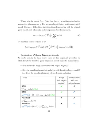 Where n is the size of Dinit. Note that due to the uniform distribution
assumption all documents in Dinit are equal contributors to the constructed
model. When λ = 1 Rocchio’s algorithm discards anchoring with the original
query model, and relies only on the expansion-based component.
pRocchio1(w; n, β)
def
=
1
n
·
d∈Dinit
pd(w) (6)
We can then score document d by:
ScoreRocchio(d)
def
= exp(−CE p
Dir[µ]
d (·) pRocchio(·; n, β) )
.
Comparison of Query Expansion Models
As can be seen in the table below, there are two important properties by
which the above-described query expansion models could be characterized:
• Does the model weigh documents with respect to p(d|q)?
• Does the model perform an interpolation with the original query model?
i.e., Does the model perform pre-retrieved query-anchoring.
Model Weigh Interpolation
with respect with the
to p(d|q) original query
RM1  
d∈Dinit
pd(w)p(d|q)
RM3  
λpMLE
q (w) + (1 − λ) d∈Dinit
pd(w)p(d|q)
Rocchio1  
1
n
· d∈Dinit
pd(w)
Rocchio3  
λpMLE
q (w) + (1 − λ) · 1
n
· d∈Dinit
pd(w)
13
 