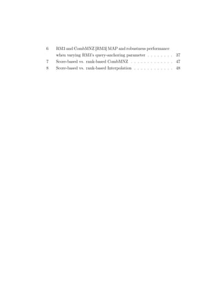 6 RM3 and CombMNZ [RM3] MAP and robustness performance
when varying RM3’s query-anchoring parameter . . . . . . . . 37
7 Score-based vs. rank-based CombMNZ . . . . . . . . . . . . . 47
8 Score-based vs. rank-based Interpolation . . . . . . . . . . . . 48
 