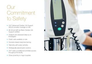 Our
Commitment
to Safety
•	 24/7 Advanced Cardiac Life Support
(ACLS) provider coverage on-site
•	 All clinical staff are Basic Cardiac Life
Support certified
•	 Subjects are assessed daily by an
Investigator
•	 Crash carts available on-site
•	 Scenario-based response training
•	 Telemetry with pulse oximetry
•	 Strategically placed panic buttons
•	 24/7 video surveillance/controlled access
throughout the facility
•	 Close proximity to major hospitals
 