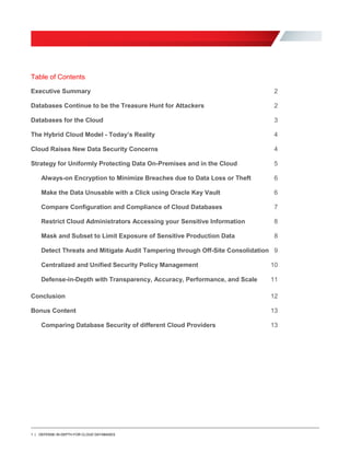 1 | DEFENSE-IN-DEPTH FOR CLOUD DATABASES
Table of Contents
Executive Summary 2
Databases Continue to be the Treasure Hunt for Attackers 2
Databases for the Cloud 3
The Hybrid Cloud Model - Today’s Reality 4
Cloud Raises New Data Security Concerns 4
Strategy for Uniformly Protecting Data On-Premises and in the Cloud 5
Always-on Encryption to Minimize Breaches due to Data Loss or Theft 6
Make the Data Unusable with a Click using Oracle Key Vault 6
Compare Configuration and Compliance of Cloud Databases 7
Restrict Cloud Administrators Accessing your Sensitive Information 8
Mask and Subset to Limit Exposure of Sensitive Production Data 8
Detect Threats and Mitigate Audit Tampering through Off-Site Consolidation 9
Centralized and Unified Security Policy Management 10
Defense-in-Depth with Transparency, Accuracy, Performance, and Scale 11
Conclusion 12
Bonus Content 13
Comparing Database Security of different Cloud Providers 13
 