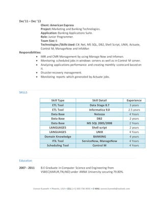 Usman Kunnath • Phoenix, USA • CELL (+1) 602-736-9035 • E-MAIL usman.kunnath@outlook.com
Dec’11 – Dec ’13
Client: American Express
Project: Marketing and Banking Technologies.
Application: Banking Applications Suite.
Role: Junior Programmer.
Team Size: 6
Technologies /Skills Used: C#. Net, MS SQL, DB2, Shell Script, UNIX, Actuate,
Control M, ManageNow and InfoMan
Responsibilities:
 IMR and CMR Management by using Manage Now and Infoman.
 Monitoring scheduled jobs in windows servers as well as in Control M server.
 Analyzing applications performance and creating monthly scorecard based on
it.
 Disaster recovery management.
 Monitoring reports which generated by Actuate jobs.
SKILLS
Skill Type Skill Detail Experience
ETL Tool Data Stage 8.7 3 years
ETL Tool Informatica 9.0 2.5 years
Data Base Netezza 4 Years
Data Base DB2 2 years
Data Base MS SQL 2005/2008 2 Years
LANGUAGES Shell script 2 years
LANGUAGES UNIX 4 Years
Domain Knowledge BANKING 4 years
ITIL Tool ServiceNow, ManageNow 4 Years
Scheduling Tool Control M 4 Years
Education
2007 - 2011 B.E Graduate in Computer Science and Engineering from
VSBEC(KARUR,TN,IND) under ANNA University securing 79.80%.
 