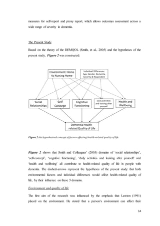 14
measures for self-report and proxy report, which allows outcomes assessment across a
wide range of severity in dementia.
The Present Study
Based on the theory of the DEMQOL (Smith, et al., 2005) and the hypotheses of the
present study, Figure 2 was constructed:
Figure 2 the hypothesised concept of factors affecting health-related quality of life.
Figure 2 shows that Smith and Colleagues’ (2005) domains of ‘social relationships’,
‘self-concept’, ‘cognitive functioning’, ‘daily activities and looking after yourself’ and
‘health and wellbeing’ all contribute to health-related quality of life in people with
dementia. The dashed-arrows represent the hypotheses of the present study: that both
environmental factors and individual differences would affect health-related quality of
life, by their influence on these 5 domains.
Environment and quality of life
The first aim of the research was influenced by the emphasis that Lawton (1991)
placed on the environment. He stated that a person’s environment can affect their
 