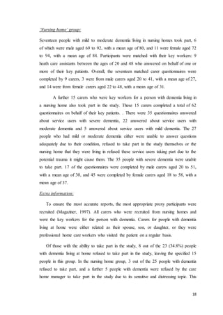 18
‘Nursing home’ group:
Seventeen people with mild to moderate dementia living in nursing homes took part, 6
of which were male aged 69 to 92, with a mean age of 80, and 11 were female aged 72
to 94, with a mean age of 84. Participants were matched with their key workers: 9
heath care assistants between the ages of 20 and 48 who answered on behalf of one or
more of their key patients. Overall, the seventeen matched carer questionnaires were
completed by 9 carers, 3 were from male carers aged 20 to 41, with a mean age of 27,
and 14 were from female carers aged 22 to 48, with a mean age of 31.
A further 15 carers who were key workers for a person with dementia living in
a nursing home also took part in the study. These 15 carers completed a total of 62
questionnaires on behalf of their key patients. . There were 35 questionnaires answered
about service users with severe dementia, 22 answered about service users with
moderate dementia and 5 answered about service users with mild dementia. The 27
people who had mild or moderate dementia either were unable to answer questions
adequately due to their condition, refused to take part in the study themselves or the
nursing home that they were living in refused these service users taking part due to the
potential trauma it might cause them. The 35 people with severe dementia were unable
to take part. 17 of the questionnaires were completed by male carers aged 20 to 51,
with a mean age of 30, and 45 were completed by female carers aged 18 to 58, with a
mean age of 37.
Extra information:
To ensure the most accurate reports, the most appropriate proxy participants were
recruited (Magaziner, 1997). All carers who were recruited from nursing homes and
were the key workers for the person with dementia. Carers for people with dementia
living at home were either related as their spouse, son, or daughter, or they were
professional home care workers who visited the patient on a regular basis.
Of those with the ability to take part in the study, 8 out of the 23 (34.8%) people
with dementia living at home refused to take part in the study, leaving the specified 15
people in this group. In the nursing home group, 3 out of the 25 people with dementia
refused to take part, and a further 5 people with dementia were refused by the care
home manager to take part in the study due to its sensitive and distressing topic. This
 