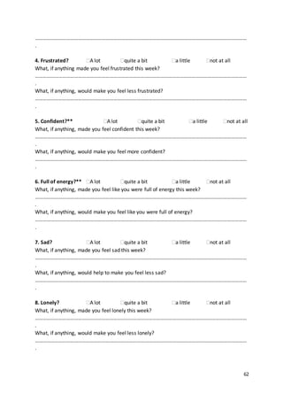 62
………………………………………………………………………………………………………………………………………………
.
4. Frustrated? A lot quite a bit a little not at all
What, if anything made you feel frustrated this week?
………………………………………………………………………………………………………………………………………………
.
What, if anything, would make you feel less frustrated?
………………………………………………………………………………………………………………………………………………
.
5. Confident?** A lot quite a bit a little not at all
What, if anything, made you feel confident this week?
………………………………………………………………………………………………………………………………………………
.
What, if anything, would make you feel more confident?
………………………………………………………………………………………………………………………………………………
.
6. Full of energy?** A lot quite a bit a little not at all
What, if anything, made you feel like you were full of energy this week?
………………………………………………………………………………………………………………………………………………
.
What, if anything, would make you feel like you were full of energy?
………………………………………………………………………………………………………………………………………………
.
7. Sad? A lot quite a bit a little not at all
What, if anything, made you feel sad this week?
………………………………………………………………………………………………………………………………………………
.
What, if anything, would help to make you feel less sad?
………………………………………………………………………………………………………………………………………………
.
8. Lonely? A lot quite a bit a little not at all
What, if anything, made you feel lonely this week?
………………………………………………………………………………………………………………………………………………
.
What, if anything, would make you feel less lonely?
………………………………………………………………………………………………………………………………………………
.
 