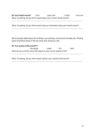 67
28. Your health overall? A lot quite a bit a little not at all
What, if anything, do you think is good about your current health overall?
………………………………………………………………………………………………………………………………………………
.
What, if anything, do you think would make you feel better about your health overall?
………………………………………………………………………………………………………………………………………………
.
We’ve already talked about lots of things: your feelings, memory and everyday life. Thinking
about all of these things in the last week, how would you rate…
29. Your quality of life overall?**
Very good good fair poor
What do you currently value with regard to your current quality of life?
………………………………………………………………………………………………………………………………………………
.
What, if anything, do you think would improve your quality of life overall?
………………………………………………………………………………………………………………………………………………
.
 