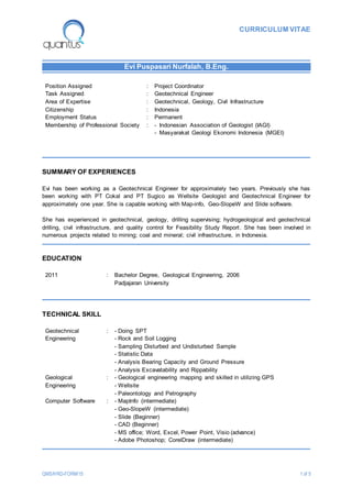 CURRICULUM VITAE
QMS/HRD-FORM/15 1 of 5
Evi Puspasari Nurfalah, B.Eng.
Position Assigned : Project Coordinator
Task Assigned : Geotechnical Engineer
Area of Expertise : Geotechnical, Geology, Civil Infrastructure
Citizenship : Indonesia
Employment Status : Permanent
Membership of Professional Society : - Indonesian Association of Geologist (IAGI)
- Masyarakat Geologi Ekonomi Indonesia (MGEI)
SUMMARY OF EXPERIENCES
Evi has been working as a Geotechnical Engineer for approximately two years. Previously she has
been working with PT Cokal and PT Sugico as Wellsite Geologist and Geotechnical Engineer for
approximately one year. She is capable working with Map-info, Geo-SlopeW and Slide software.
She has experienced in geotechnical, geology, drilling supervising; hydrogeological and geotechnical
drilling, civil infrastructure, and quality control for Feasibility Study Report. She has been involved in
numerous projects related to mining; coal and mineral; civil infrastructure, in Indonesia.
EDUCATION
2011 : Bachelor Degree, Geological Engineering, 2006
Padjajaran University
TECHNICAL SKILL
Geotechnical
Engineering
: - Doing SPT
- Rock and Soil Logging
- Sampling Disturbed and Undisturbed Sample
- Statistic Data
- Analysis Bearing Capacity and Ground Pressure
- Analysis Excavatability and Rippability
Geological
Engineering
: - Geological engineering mapping and skilled in utilizing GPS
- Wellsite
- Paleontology and Petrography
Computer Software : - MapInfo (intermediate)
- Geo-SlopeW (intermediate)
- Slide (Beginner)
- CAD (Beginner)
- MS office; Word, Excel, Power Point, Visio (advance)
- Adobe Photoshop; CorelDraw (intermediate)
 