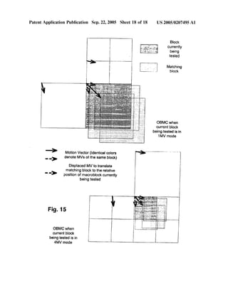 Patent Application Publication Sep. 22, 2005 Sheet 18 0f 18 US 2005/0207495 A1
Block
currently
being
tested
~95
I Matching
block
‘W1 22::V. ____ ‘2 i being tested is in
1MV mode
> Motion Vector (identical colors
_ _) denote MVs of the same block)
Displaced MV to translate
matching block to the relative
- -> position of macroblock currently
being tested
Fig. 15
current block
being tested is in
4MV mode
I
 