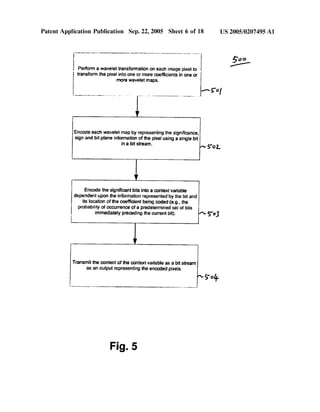 Patent Application Publication Sep. 22, 2005 Sheet 6 0f 18 US 2005/0207495 A1
Perform a wavelet transformation on each image pixel to _
transform the pixel into one or more coefficients in one or
more wavelet maps.
Encode each wavelet map by representing the signi?cance,
sign and bit plane infomiation of the pixel using a single bit
in a bit stream. A, 90 L
Encode the signi?cant bits into a context variable
dependent upon the information represented by the bit and
its location of the coefficient being coded (e.g.. the
probability of occurrence of a predetermined set of bits
I immediately preceding the current bit). A’ $"o3
l
Transmit the content of the context variable as a bit stream
as an output representing the encoded pixels.
~ 5-04.
 