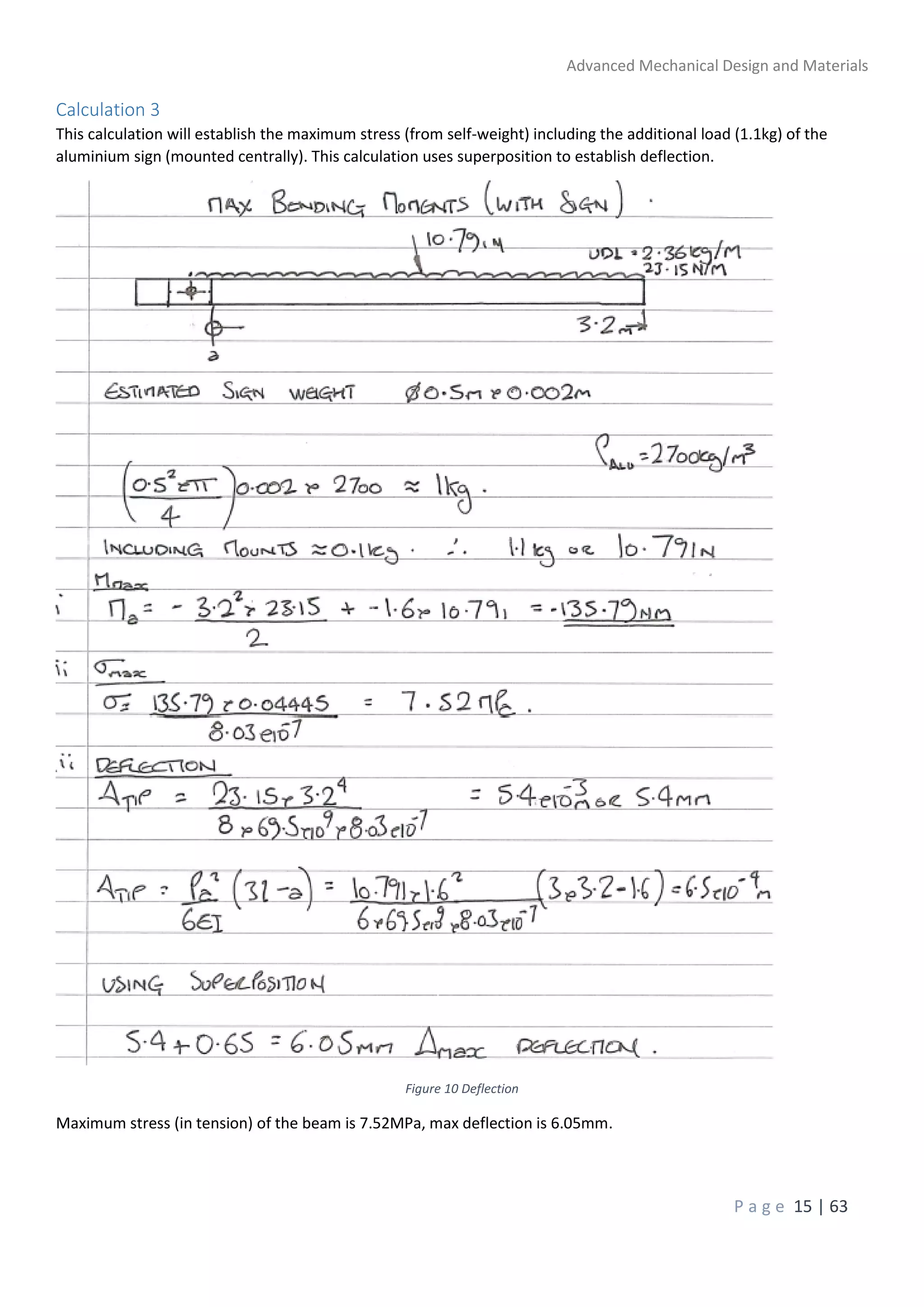 Advanced Mechanical Design and Materials
P a g e 15 | 63
Calculation 3
This calculation will establish the maximum stress (from self-weight) including the additional load (1.1kg) of the
aluminium sign (mounted centrally). This calculation uses superposition to establish deflection.
Figure 10 Deflection
Maximum stress (in tension) of the beam is 7.52MPa, max deflection is 6.05mm.
 