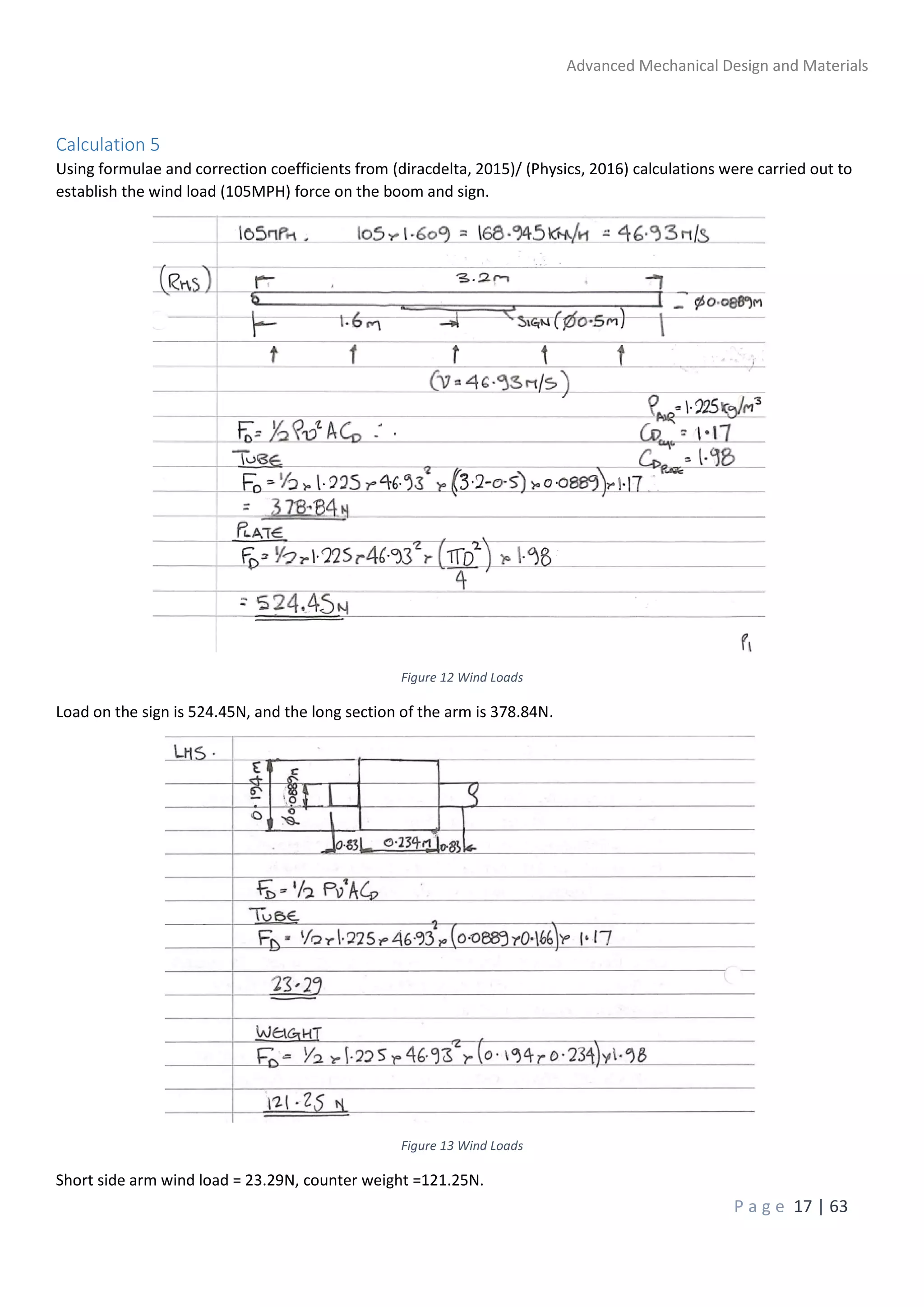 Advanced Mechanical Design and Materials
P a g e 17 | 63
Calculation 5
Using formulae and correction coefficients from (diracdelta, 2015)/ (Physics, 2016) calculations were carried out to
establish the wind load (105MPH) force on the boom and sign.
Figure 12 Wind Loads
Load on the sign is 524.45N, and the long section of the arm is 378.84N.
Figure 13 Wind Loads
Short side arm wind load = 23.29N, counter weight =121.25N.
 