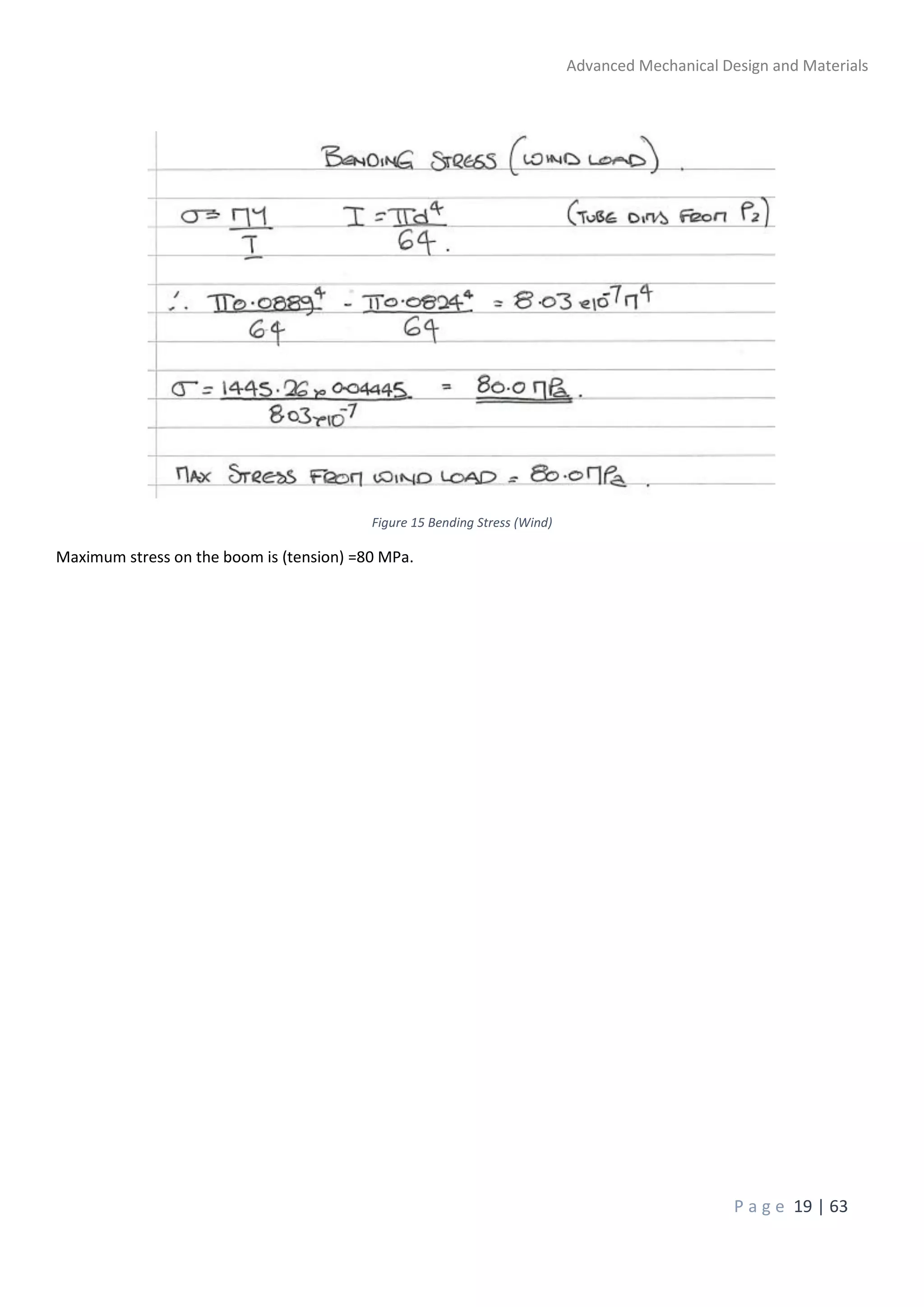 Advanced Mechanical Design and Materials
P a g e 19 | 63
Figure 15 Bending Stress (Wind)
Maximum stress on the boom is (tension) =80 MPa.
 