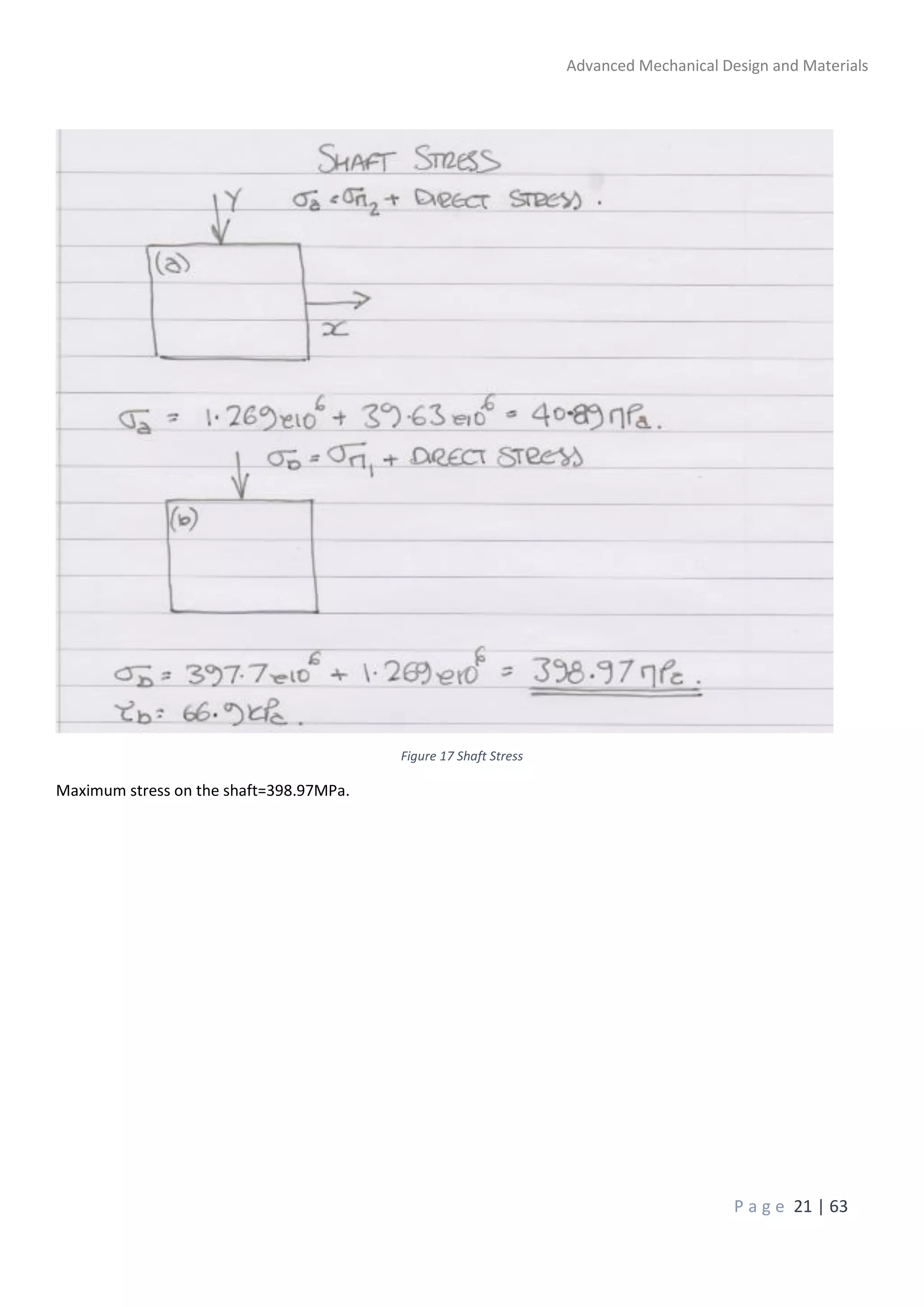 Advanced Mechanical Design and Materials
P a g e 21 | 63
Figure 17 Shaft Stress
Maximum stress on the shaft=398.97MPa.
 