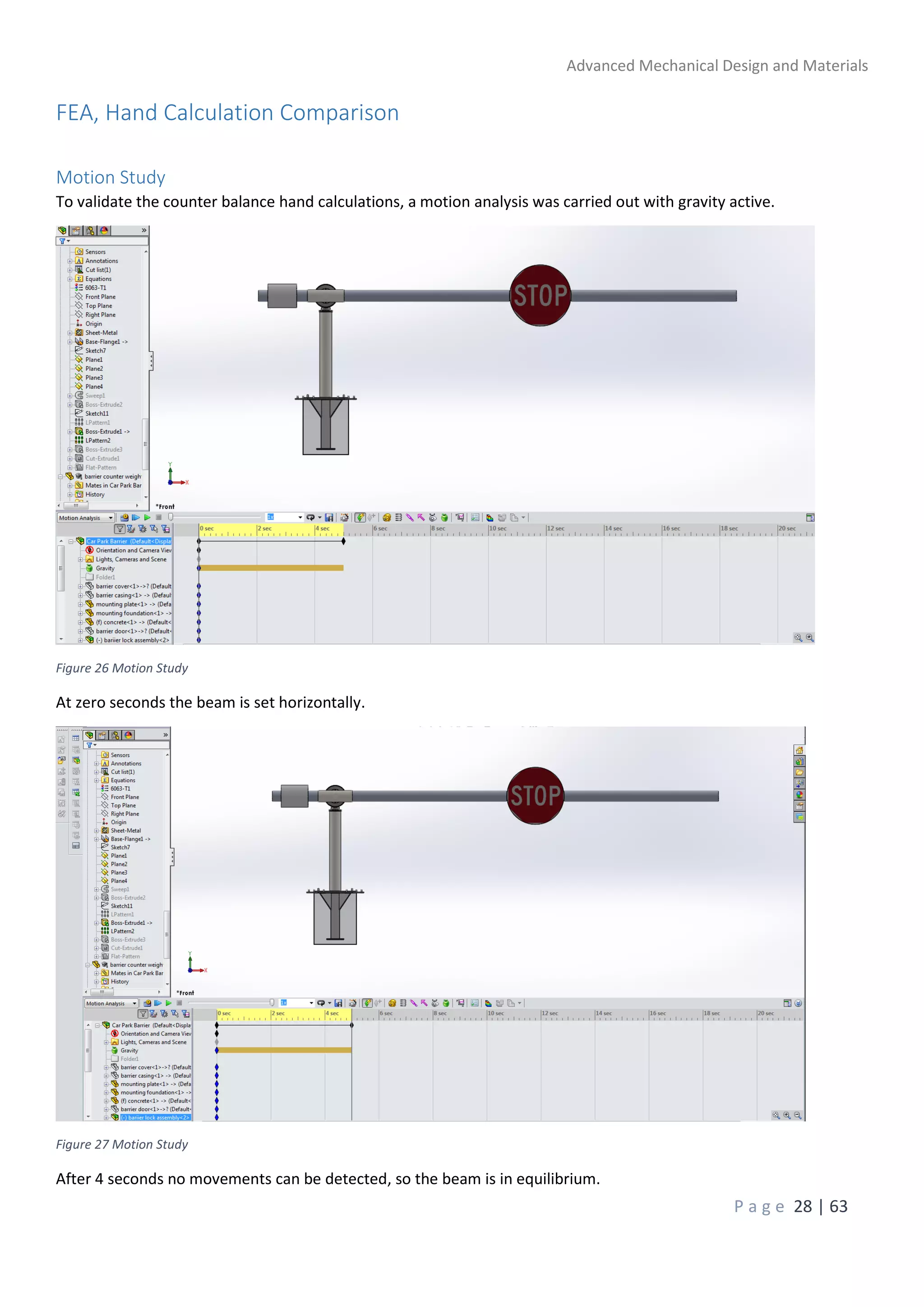 Advanced Mechanical Design and Materials
P a g e 28 | 63
FEA, Hand Calculation Comparison
Motion Study
To validate the counter balance hand calculations, a motion analysis was carried out with gravity active.
Figure 26 Motion Study
At zero seconds the beam is set horizontally.
Figure 27 Motion Study
After 4 seconds no movements can be detected, so the beam is in equilibrium.
 