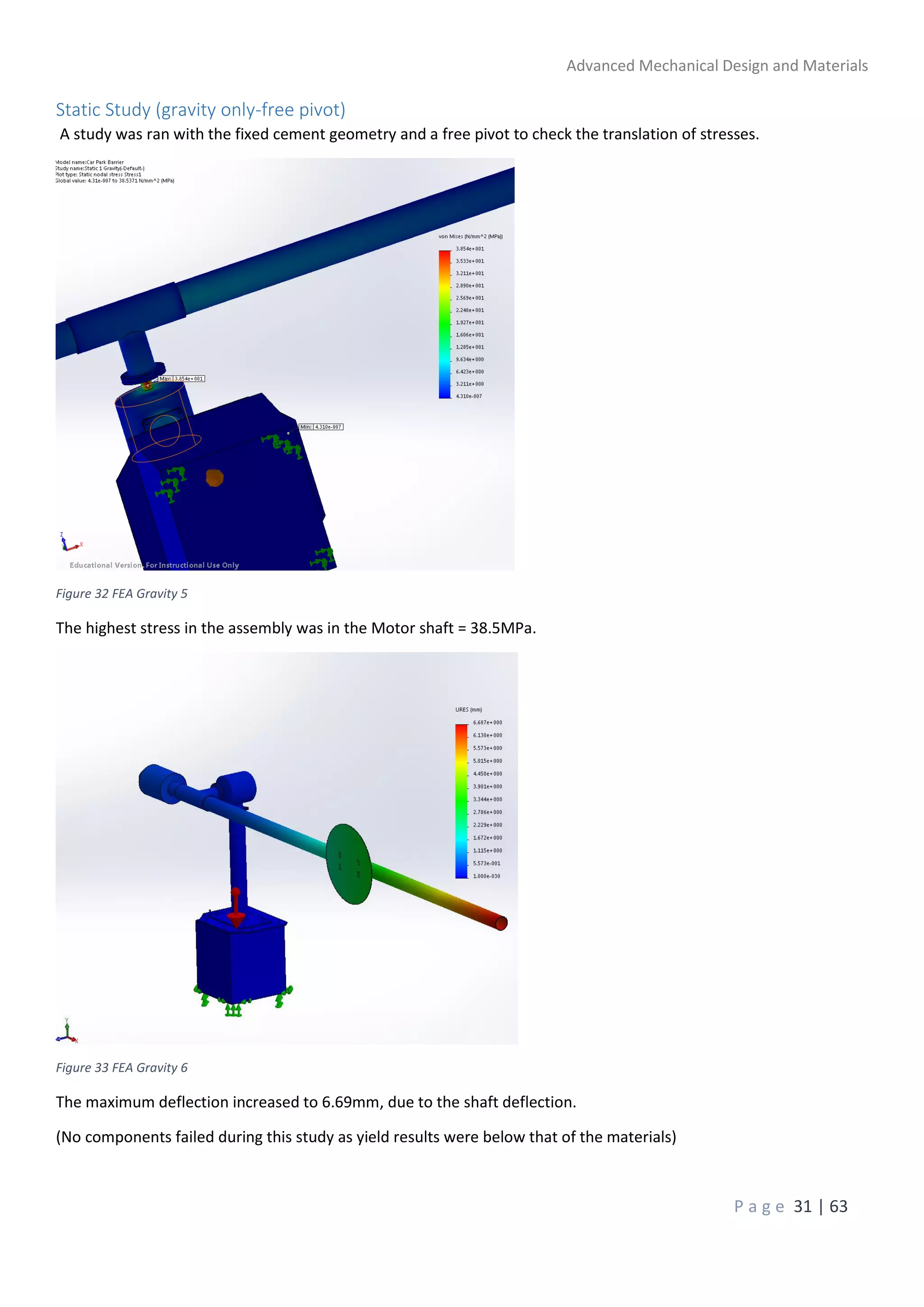 Advanced Mechanical Design and Materials
P a g e 31 | 63
Static Study (gravity only-free pivot)
A study was ran with the fixed cement geometry and a free pivot to check the translation of stresses.
Figure 32 FEA Gravity 5
The highest stress in the assembly was in the Motor shaft = 38.5MPa.
Figure 33 FEA Gravity 6
The maximum deflection increased to 6.69mm, due to the shaft deflection.
(No components failed during this study as yield results were below that of the materials)
 