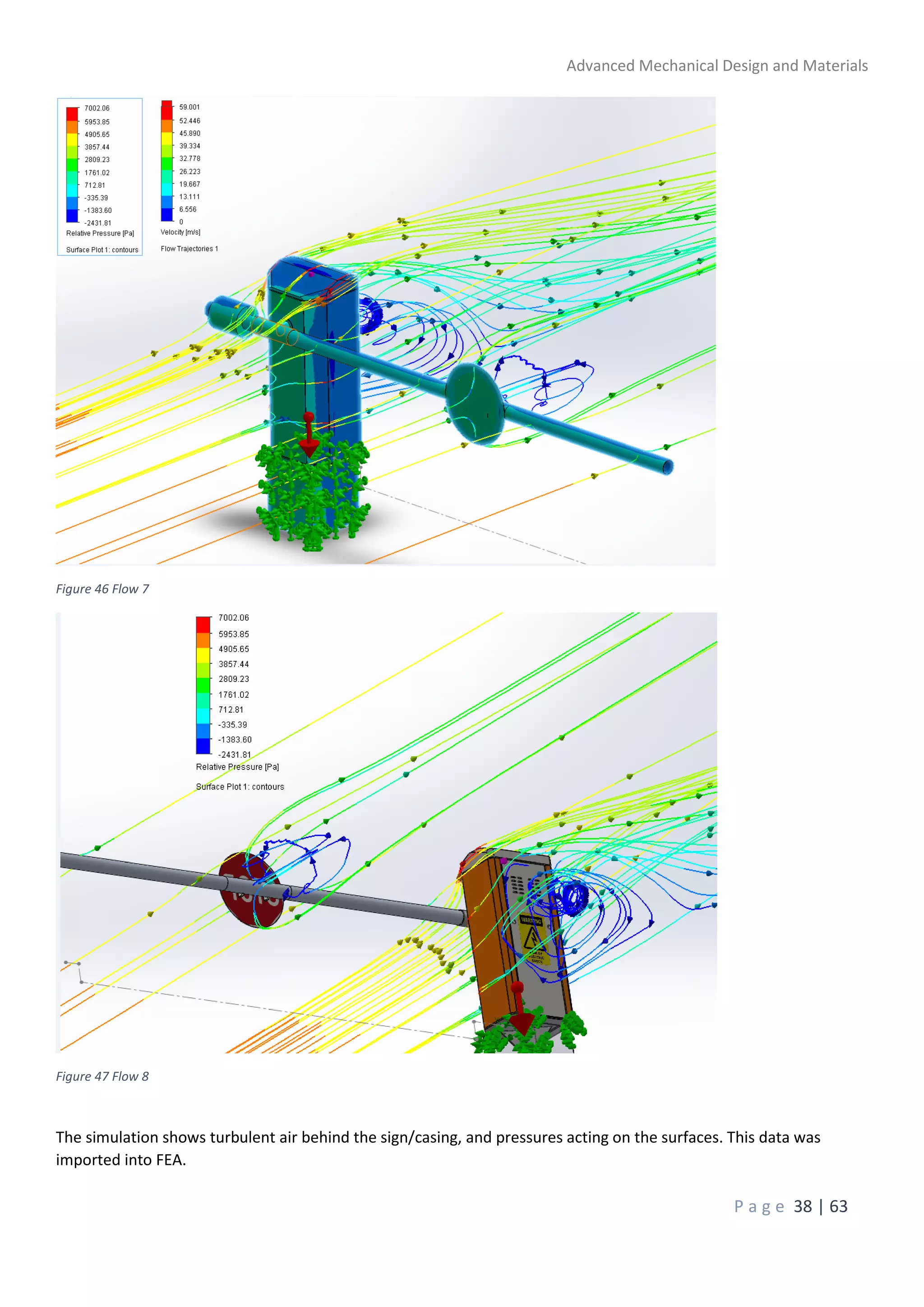 Advanced Mechanical Design and Materials
P a g e 38 | 63
Figure 46 Flow 7
Figure 47 Flow 8
The simulation shows turbulent air behind the sign/casing, and pressures acting on the surfaces. This data was
imported into FEA.
 