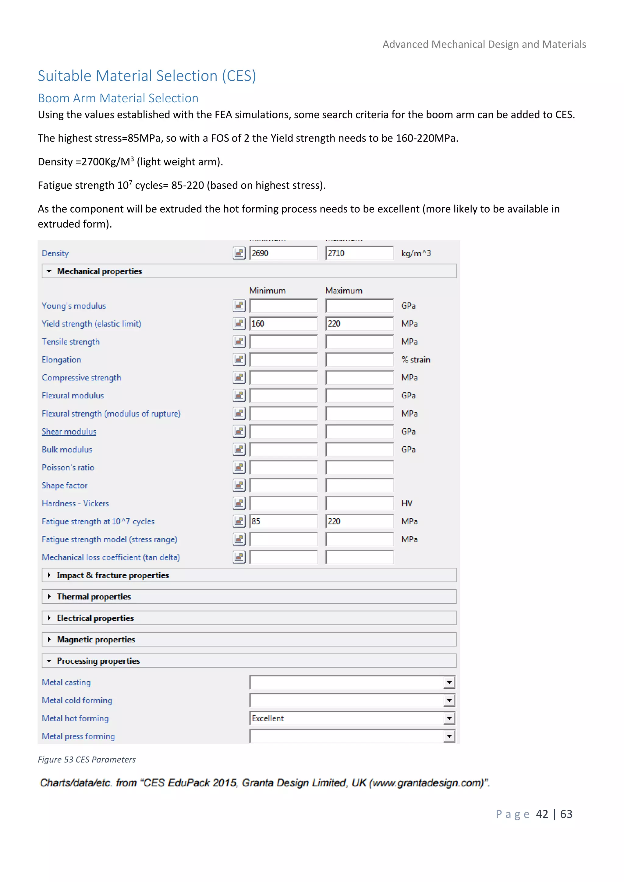 Advanced Mechanical Design and Materials
P a g e 42 | 63
Suitable Material Selection (CES)
Boom Arm Material Selection
Using the values established with the FEA simulations, some search criteria for the boom arm can be added to CES.
The highest stress=85MPa, so with a FOS of 2 the Yield strength needs to be 160-220MPa.
Density =2700Kg/M3
(light weight arm).
Fatigue strength 107
cycles= 85-220 (based on highest stress).
As the component will be extruded the hot forming process needs to be excellent (more likely to be available in
extruded form).
Figure 53 CES Parameters
 
