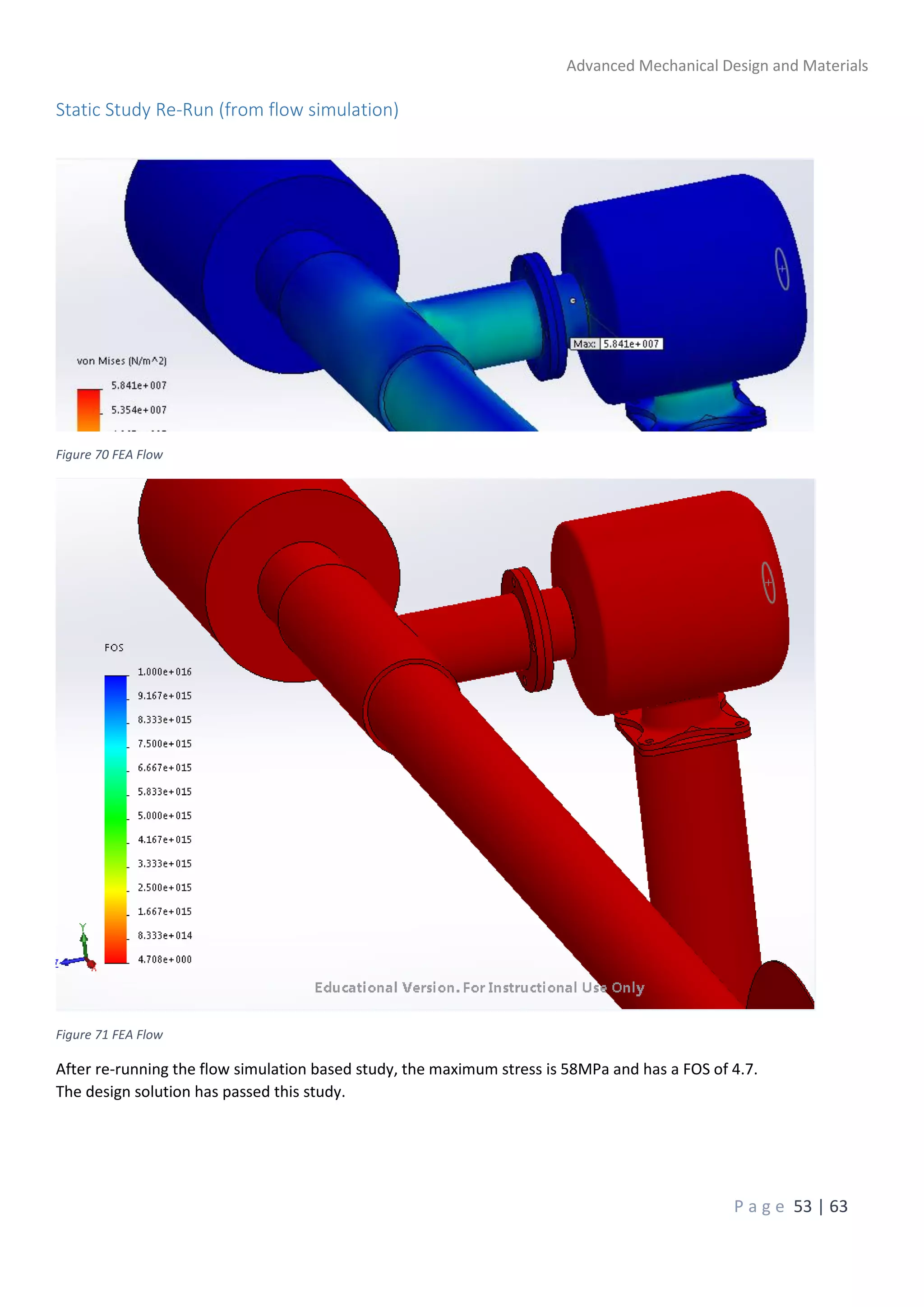 Advanced Mechanical Design and Materials
P a g e 53 | 63
Static Study Re-Run (from flow simulation)
Figure 70 FEA Flow
Figure 71 FEA Flow
After re-running the flow simulation based study, the maximum stress is 58MPa and has a FOS of 4.7.
The design solution has passed this study.
 