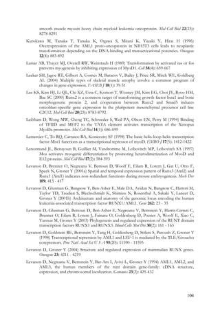 104
smooth muscle myosin heavy chain myeloid leukemia oncoprotein. Mol Cell Biol 22(23):
8278-8291
Kurokawa M, Tanaka T, Tanaka K, Ogawa S, Mitani K, Yazaki Y, Hirai H (1996)
Overexpression of the AML1 proto-oncoprotein in NIH3T3 cells leads to neoplastic
transformation depending on the DNA-binding and transactivational potencies. Oncogene
12(4): 883-892
Lassar AB, Thayer MJ, Overell RW, Weintraub H (1989) Transformation by activated ras or fos
prevents myogenesis by inhibiting expression of MyoD1. Cell 58(4): 659-667
Lecker SH, Jagoe RT, Gilbert A, Gomes M, Baracos V, Bailey J, Price SR, Mitch WE, Goldberg
AL (2004) Multiple types of skeletal muscle atrophy involve a common program of
changes in gene expression. FASEB J 18(1): 39-51
Lee KS, Kim HJ, Li QL, Chi XZ, Ueta C, Komori T, Wozney JM, Kim EG, Choi JY, Ryoo HM,
Bae SC (2000) Runx2 is a common target of transforming growth factor beta1 and bone
morphogenetic protein 2, and cooperation between Runx2 and Smad5 induces
osteoblast-specific gene expression in the pluripotent mesenchymal precursor cell line
C2C12. Mol Cell Biol 20(23): 8783-8792
Leibham D, Wong MW, Cheng TC, Schroeder S, Weil PA, Olson EN, Perry M (1994) Binding
of TFIID and MEF2 to the TATA element activates transcription of the Xenopus
MyoDa promoter. Mol Cell Biol 14(1): 686-699
Lemercier C, To RQ, Carrasco RA, Konieczny SF (1998) The basic helix-loop-helix transcription
factor Mist1 functions as a transcriptional repressor of myoD. EMBO J 17(5): 1412-1422
Lenormand JL, Benayoun B, Guillier M, Vandromme M, Leibovitch MP, Leibovitch SA (1997)
Mos activates myogenic differentiation by promoting heterodimerization of MyoD and
E12 proteins. Mol Cell Biol 17(2): 584-593
Levanon D, Brenner O, Negreanu V, Bettoun D, Woolf E, Eilam R, Lotem J, Gat U, Otto F,
Speck N, Groner Y (2001a) Spatial and temporal expression pattern of Runx3 (Aml2) and
Runx1 (Aml1) indicates non-redundant functions during mouse embryogenesis. Mech Dev
109: 413 - 417
Levanon D, Glusman G, Bangsow T, Ben-Asher E, Male DA, Avidan N, Bangsow C, Hattori M,
Taylor TD, Taudien S, Blechschmidt K, Shimizu N, Rosenthal A, Sakaki Y, Lancet D,
Groner Y (2001b) Architecture and anatomy of the genomic locus encoding the human
leukemia-associated transcription factor RUNX1/AML1. Gene 262: 23 - 33
Levanon D, Glusman G, Bettoun D, Ben-Asher E, Negreanu V, Bernstein Y, Harris-Cerruti C,
Brenner O, Eilam R, Lotem J, Fainaru O, Goldenberg D, Pozner A, Woolf E, Xiao C,
Yarmus M, Groner Y (2003) Phylogenesis and regulated expression of the RUNT domain
transcription factors RUNX1 and RUNX3. Blood Cells Mol Dis 30(2): 161 - 163
Levanon D, Goldstein RE, Bernstein Y, Tang H, Goldenberg D, Stifani S, Paroush Z, Groner Y
(1998) Transcriptional repression by AML1 and LEF-1 is mediated by the TLE/Groucho
corepressors. Proc Natl Acad Sci U S A 95(20): 11590 - 11595
Levanon D, Groner Y (2004) Structure and regulated expression of mammalian RUNX genes.
Oncogene 23: 4211 - 4219
Levanon D, Negreanu V, Bernstein Y, Bar-Am I, Avivi L, Groner Y (1994) AML1, AML2, and
AML3, the human members of the runt domain gene-family: cDNA structure,
expression, and chromosomal localization. Genomics 23(2): 425-432
 
