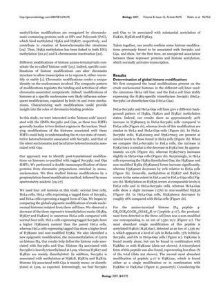 Biology 2007, 8:R270
http://genomebiology.com/2007/8/12/R270 Biology 2007, Volume 8, Issue 12, Article R270 Robin et al. R270.2
methTl-lTsine modifications are recognized bT chromodo-
main-containing proteins such as [:6 and :olTcomb (:cG),
Rhich bind methTlated [YeP and [Ye!#, respectivelT, and
contribute to creation of heterochromatin-liEe structures
c6Pd. Thus, [YeP methTlation has been linEed to both aN7
methTlation c!",!6d and l-chromosome inactivation c!!d.
aifferent modifications of histone amino-terminal tails con-
stitute the so-called 'histone code' c!Yd. Indeed, specific com-
binations of histone modifications can alter chromatin
structure to alloR transcription or to repress it, either revers-
iblT or stablT c6d. Chromatin modifications confer a uniLue
identitT on the nucleosomes involved. The composite pattern
of modifications regulates the binding and activities of other
chromatin-associated components. Indeed, modifications of
histones at a specific nucleosome verT liEelT influence subse-
Luent modifications, regulated bT both !"# and %&'(# mecha-
nisms. Characterizing such modifications could provide
insight into the roles of chromatin-binding proteins
In this studT, Re Rere interested in the 'histone code' associ-
ated Rith the [UTs SuvYPh6 and GPa, as these tRo [UTs
generallT localize to tRo distinct regions in the nucleus. Stud-
Ting modifications of the histones associated Rith these
[UTs could help in understanding the "( )")* state of consti-
tutive heterochromatin associated Rith SuvYPh6, and that of
the silent euchromatin and facultative heterochromatin asso-
ciated Rith GPa.
@ur approach Ras to identifT post-translational modifica-
tions on histones co-purified Rith tagged SuvYPh6 and GPa
[UTs. ke performed a double immunopurification of these
proteins from chromatin preparations enriched in mono-
nucleosomes. ke then studied histone modifications bT a
propionTlation-based modification method, folloRed bT mass
spectrometrT analTsis c!Q-!#d.
ke used four cell sTstems in this studT: normal liver cells,
[eLa cells, [eLa cells expressing a tagged form of SuvYPh6,
and [eLa cells expressing a tagged form of GPa. ke began bT
comparing the global epigenetic modifications of crude nucle-
osomal histones isolated from these cell lines. ke observed a
decrease of the three repressive trimethTlation marEs ([YeP,
[Ye!# and [Qe!") in cancerous [eLa cells compared Rith
normal liver cells. [eLa cells expressing tagged SuvYPh6 have
a higher [YePmeY content than the parent [eLa cells,
Rhereas [eLa cells expressing tagged GPa shoR a higher level
of [YePme and non-modified [YeP. ke also identified a
neR epigenetic modification, the monomethTlation of LTs#P
on histone [Q. @ur results help define the histone code asso-
ciated Rith SuvYPh6 and GPa. [istone [Y associated Rith
SuvYPh6 is heavilT trimethTlated at LTsP, Rhereas [Ye!# and
[Qe!" are mainlT dimethTlated. In addition, SuvYPh6 is
associated Rith methTlation at [Ye62, [Ye#P and [Qe#P.
[istone [Y associated Rith GPa is mainlT mono- or dimeth-
Tlated at LTsP, as expected. InterestinglT, Re find SuvYPh6
and GPa to be associated Rith substantial acetTlation of
[Qe6f, [Ye62 and [Ye!Y.
TaEen together, our results confirm some histone modifica-
tions previouslT found to be associated Rith SuvYPh6 and
GPa, and shoR, for the first time, an unexpected association
betReen these repressor proteins and histone acetTlation,
Rhich normallT activates transcription.
Results
Determination of global histone modifications
ke first compared the basal modifications present on the
crude nucleosomal histones in the different cell lines used:
the cancerous [eLa cell line, and the [eLa cell lines stablT
expressing the [YeP-specific trimethTlase SuvYPh6 ([eLa-
SuvYPh6) or dimethTlase GPa ([eLa-GPa).
[eLa-SuvYPh6 and [eLa-GPa cell lines give a different bacE-
ground pattern of [YeP, [Ye!" and [Ye!# methTlation
states. Indeed, our results shoR an approximatelT Q"m
increase in [YePmeY in [eLa-SuvYPh6 cells compared to
[eLa cells (Figure 6b), Rhereas levels of this modification are
similar in [eLa and [eLa-GPa cells (Figure 6b). In [eLa-
SuvYPh6 cells, [Qe!"meY and [Ye!#meY are present at
similar levels to those found in [eLa cells (Figure 6b). khen
Re compare [eLa-SuvYPh6 to [eLa cells, the increase in
[Ye!#me! is similar to the decrease in [Ye!#me, bT approx-
imatelT 6"-6gm (Figure 6b), Rhereas [Ye!#meY increases
slightlT in [eLa-GPa cells (Figure 6b). SurprisinglT, in [eLa
cells expressing the [YeP dimethTlase GPa, the [YePme and
non-modified [YeP ([YePnm) forms increase significantlT,
Rhereas [YePme! decreases bT !6m relative to [eLa cells
(Figure 6b). GenerallT, methTlation at [Ye!# and [Qe!"
occurs to the same extent in [eLa and in [eLa-GPa cells (Fig-
ure 6b). UethTlation on [YeYf occurs at comparable levels in
[eLa cells and in [eLa-SuvYPh6 cells, Rhereas [eLa-GPa
cells shoR a slight increase (6gm) in non-modified [YeYf
(Figure 6b). In [eLa-GPa cells, [YeYfme! decreases bT
roughlT 62m compared Rith [eLa cells (Figure 6b).
For the amino-terminal histone [Q peptide Q-
GegGGe2GLGe6!GG7e6fR-6# ('peptide Q-6#'), the predomi-
nant form detected in the three cell lines Ras a non-modified
one corresponding to an ion of 6,gg" m`z (Figure 6c). The
most abundant single modification of this peptide is
acetTlated [Qe6f ([Qe6fac), detected as an ion of 6,gYf m`
z, Rhich appears at a level of 6Qm in [eLa cells, 6gm in [eLa-
SuvYPh6, and fm in [eLa-GPa cells (Figure 6c). [Qe6fac is
found mostlT alone, but can be found in combination Rith
[Qe2ac or Rith [Qe6!ac (data not shoRn). 7 triacetTlated
form of this peptide Ras also found, representing less than 6m
of the total (data not shoRn). The second most abundant
modification of peptide Q-6# is [Qe6!ac, Rhich is found
either as a single modification or in combination Rith
[Qe2ac or [Qe6fac (Figure 6c, panacetTl). Considering the
 