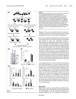 http://genomebiology.com/2007/8/12/R270 2007, Volume 8, Issue 12, Article R270 Robin R270.5
2007, 8:R270
[YePme!. This result is expected: SuvYPh6 is a EnoRn tri-
methTlase, and GPa a EnoRn dimethTlase, of position [YeP.
SurprisinglT, SuvYPh6 is not associated Rith [Qe!"meY.
ke have also studied [Y modifications at the folloRing posi-
tions: [Ye62, Rhich can be either acetTlated or monomethTl-
ated, though Re have also occasionallT detected a
dimethTlated form (7dditional data file Q)W [Ye!Y, Rhich can
onlT be acetTlatedW and [Ye#P, Rhich can be monomethTl-
ated. SurprisinglT, Re found [Ye62ac associated Rith both
SuvYPh6 and GPa complexes Pm of the time (7dditional data
file g). ke also detected the monomethTlated form of [Ye62
in SuvYPh6 complexes 2m of the time, constituting an 2m
enrichment, as this modification is barelT detectable in [eLa-
SuvYPh6 cells. The monomethTlated form of [Ye62 has been
described previouslT c!#d. 7cetTlation of [Ye!Y is present gm
of the time in SuvYPh6 and 2m in GPa complexes (7dditional
data file g). UethTlation of [Ye#P has also been studied and
Ras detected in association Rith SuvYPh6 about 6gm of the
time, but is not detected Rith GPa.
Concerning histone [Q, Re did not find the panacetTlated
form of the [Q peptide Q-6# in either SuvYPh6 or GPa com-
plexes. [oRever, Re found [Qe6fac associated Rith SuvYPh6
complexes 6#m of the time and Rith GPa complexes !!m of
the time (Figure !d). 7n acetTl group and a trimethTl group
have comparable masses, so to confirm the [Qe6fac modifi-
cation, Re performed a U7LaI-T@F analTsis on the same
sample that Re used for ion trapping, Rith internal scaling
using histone peptides of non-ambiguous mass (7dditional
data file f). ke found the m`z ratio for the ion to be
6,gYf.f6f". This is in agreement Rith the theoretical mass of
an acetTl group and four propionTl groups on peptide Q-6#.
Thus, the signal detected on [Qe6f corresponds most proba-
blT to an acetTl group.
Discussion
UanT reports to date have analTzed histone modifications bT
different approaches. 7lthough these studies have improved
our understanding of the role of histone modifications in
biological pathRaTs, to our EnoRledge feR studies have
Figure 2
(b)
MW(KDa)
Suv39h1
complex
1 2
Macro-
H2A1.1
H1, H5
HP1
H3, H2B
H2A
tagged
Suv39h1
64
51
39
28
19
14
H4
Histone H4
(d)
H4K16ac
H4 4-17
pan-ac
H4 4-17nm
Percentrelativeabundance
Suv39h1 complex G9a complex
Percentrelativeabundance
PercentrelativeabundancePercentrelativeabundance
Percentrelativeabundance
H3K36 H4K20
H3K9 H3K27
nm me me2 me3
10
20
30
40
50
60
70
80
90
100
10
20
30
40
50
60
70
80
90
100
10
20
30
40
50
60
70
80
90
100
10
20
30
40
50
60
70
80
90
100
nm me me2 me3
nm me me2 me3 nm me me2 me3
Suv39h1 complex G9a complex
HMT
HMT
T
Chromatin extracts preparation (MNase)
HMTT
HMT
Crude histones preparation:HMT-histones complex purifcation:
Purification on Flag resin
Purification on HA resin
SDS-PAGE resolution,
mass spec analysis of histone modifcations
POROS anion exchange
column
Elution with a salt gradient
(a)
20
40
60
80
100
HMTTHMT HMTT
HMTTHMT
Elution against Flag peptide
Elution against HA peptide
Chromatin
(c)
Post-translational modifications of histones H3 and H4 associated with thechromatin-binding proteins Suv39h1 and G9aFigure 2
Post-translational modifications of histones H3 and H4 associated with the
chromatin-binding proteins Suv39h1 and G9a. (a) Schematic
representation of the purification protocols used to purify the HMT-
histone complexes and crude histones. (b) Doubly immunopurified
Suv39h1 complexes from chromatin extracts of 20 g of HeLa-Suv39h1
cells were resolved on a 4-12% gradient NuPAGE gel, run in MES buffer
(Invitrogen), fixed, and stained with Colloidal blue. Lane 1, SeeBlue pre-
stained molecular weight markers (Invitrogen); lane 2, Suv39h1 complex
from chromatin fractions. (c) Amino-terminal lysine methylation of
histones H3 and H4 associated with Suv39h1 or G9a proteins. (d) Post-
translational modifications of histone H4 associated with Suv39h1 or G9a.
Shown are the means of three independent experiments (± standard
deviation).
 