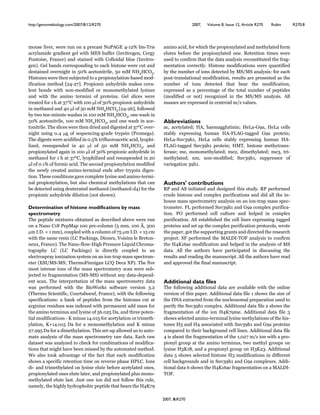 2007, 8:R270
http://genomebiology.com/2007/8/12/R270 2007, Volume 8, Issue 12, Article R270 Robin R270.8
mouse liver, Rere run on a precast Nu:7GE Q-6!m bis-Tris
acrTlamide gradient gel Rith UES buffer (Invitrogen, CergT
:ontoise, France) and stained Rith Colloidal blue (Invitro-
gen). Gel bands corresponding to each histone Rere cut and
destained overnight in g"m acetonitrile, g" mU N[Q[C@Y.
[istones Rere then subjected to a propionTlation-based mod-
ification method c!Q-!#d. :ropionic anhTdride maEes cova-
lent bonds Rith non-modified or monomethTlated lTsines
and Rith the amino termini of proteins. Gel slices Rere
treated for 6 h at Y#qC Rith 6"" !l of Y"m propionic anhTdride
in methanol and Q" !l of g" mU N[Q[C@Y c!Q-!fd, folloRed
bT tRo ten-minute Rashes in 6"" mU N[Q[C@Y, one Rash in
g"m acetonitrile, 6"" mU N[Q[C@Y, and one Rash in ace-
tonitrile. The slices Rere then dried and digested at Y#qC over-
night using ".Q !g of seLuencing-grade trTpsin (:romega).
The digests Rere acidified in ".gm trifluoroacetic acid, lTophi-
lized, resuspended in Q" !l of g" mU N[Q[C@Y, and
propionTlated again in 6"" !l of Y"m propionic anhTdride in
methanol for 6 h at Y#qC, lTophilized and resuspended in !"
!l of ".6m of formic acid. The second propionTlation modified
the neRlT created amino-terminal ends after trTpsin diges-
tion. These conditions gave complete lTsine and amino-termi-
nal propionTlation, but also chemical methTlations that can
be detected using deuterated methanol (methanol-dQ) for the
propionic anhTdride dilution (not shoRn).
Determination of histone modifications by mass
spectrometry
The peptide mixtures obtained as described above Rere run
on a Nano C62 :epUap 6"" pre-column (g mm, 6"" r, Y""
!m I.a. p 6 mm), coupled Rith a column of #g !m I.a. p 6g cm
Rith the same resin (LC :acEings, aionex, /oisins le Breton-
neux, France). The Nano-floR-[igh :ressure LiLuid Chroma-
tographT LC (LC :acEings) is directlT coupled to an
electrospraT ionization sTstem on an ion-trap mass spectrom-
eter (ESI`US-USW ThermoFinnigan LCn aeca l:). The five
most intense ions of the mass spectrometrT scan Rere sub-
jected to fragmentation (US-US) Rithout anT data-depend-
ent scan. The interpretation of the mass spectrometrT data
Ras performed Rith the BiokorEs softRare version Y.!
(Thermo Scientific, Courtaboeuf, France), Rith the folloRing
specifications: a banE of peptides from the histones cut at
arginine residues Ras indexed Rith permanent add mass for
the amino terminus and lTsine of gf."!g aa, and three poten-
tial modifications - e minus 6Q."6g for acetTlation or trimeth-
Tlation, es6Q."6g aa for a monomethTlation and e minus
!#.PPg aa for a dimethTlation. This set-up alloRed us to auto-
mate analTsis of the mass spectrometrT raR data. Each raR
dataset Ras analTzed to checE for combinations of modifica-
tions that might have been missed bT the automated method.
ke also tooE advantage of the fact that each modification
shoRs a specific retention time on reverse phase [:LC. Ions
di- and trimethTlated on lTsine elute before acetTlated ones,
propionTlated ones elute later, and propionTlated plus mono-
methTlated elute last. Just one ion did not folloR this rule,
namelT, the highlT hTdrophobic peptide that bears the [Qe#P
amino acid, for Rhich the propionTlated and methTlated form
elutes before the propionTlated one. Retention times Rere
used to confirm that the data analTsis reconstituted the frag-
mentation correctlT. [istone modifications Rere Luantified
bT the number of ions detected bT US`US analTsis: for each
post-translational modification, results are presented as the
number of ions detected that bear the modification,
expressed as a percentage of the total number of peptides
(modified or not) recognized in the US`US analTsis. 7ll
masses are expressed in centroid m`z values.
Abbreviations
ac, acetTlatedW [7, haemagglutininW [eLa-GPa, [eLa cells
stablT expressing human [7-FL7G-tagged GPa proteinW
[eLa-SuvYPh6, [eLa cells stablT expressing human [7-
FL7G-tagged SuvYPh6 proteinW [UT, histone methTtrans-
feraseW me, monomethTlatedW me!, dimethTlatedW meY, tri-
methTlatedW nm, non-modifiedW SuvYPh6, suppressor of
variegation YPh6.
Authors' contributions
R: and 7S initiated and designed this studT. R: performed
crude histone and complex purifications and did all the in-
house mass spectrometrT analTsis on an ion-trap mass spec-
trometer. FL performed SuvYPh6 and GPa complex purifica-
tion. :@ performed cell culture and helped in complex
purification. 7S established the cell lines expressing tagged
proteins and set up the complex purification protocols, Rrote
the paper, got the supporting grants and directed the research
project. SF performed the U7LaI-T@F analTsis to confirm
the [Qe6fac modification and helped in the analTsis of US
data. 7ll the authors have participated in discussing the
results and reading the manuscript. 7ll the authors have read
and approved the final manuscript.
Additional data files
The folloRing additional data are available Rith the online
version of this paper. 7dditional data file 6 shoRs the size of
the aN7 extracted from the nucleosomal preparation used to
purifT the SuvYPh6 complex. 7dditional data file ! shoRs the
fragmentation of the ion [Qe#Pme. 7dditional data file Y
shoRs selected amino-terminal lTsine methTlations of the his-
tones [Y and [Q associated Rith SuvYPh6 and GPa proteins
compared to their bacEground cell lines. 7dditional data file
Q is about the fragmentation of the 6,"!# m`z ion Rith a pro-
pionTl group at the amino terminus, tRo methTl groups on
lTsine [Ye62, and a propionTl group on [Ye!Y. 7dditional
data g shoRs selected histone [Y modifications in different
cell bacEgrounds and in SuvYPh6 and GPa complexes. 7ddi-
tional data f shoRs the [Qe6fac fragmentation on a U7LaI-
T@F.
7dditional data file 6The size of the aN7 extracted from the nucleosomal preparationused to purifT the SuvYPh6 complexThe size of the aN7 extracted from the nucleosomal preparationused to purifT the SuvYPh6 complex.ClicE here for file7dditional data file !Fragmentation of the ion [Qe#PmeFragmentation of the ion [Qe#Pme.ClicE here for file7dditional data file YSelected amino-terminal lTsine methTlations of the histones [Yand [Q associated Rith SuvYPh6 and GPa proteins compared totheir bacEground cell linesSelected amino-terminal lTsine methTlations of the histones [Yand [Q associated Rith SuvYPh6 and GPa proteins compared totheir bacEground cell lines.ClicE here for file7dditional data file QFragmentation of the 6,"!# m`z ion Rith a propionTl group at theamino terminus, tRo methTl groups on lTsine [Ye62, and a propi-onTl group on [Ye!YFragmentation of the 6,"!# m`z ion Rith a propionTl group at theamino terminus, tRo methTl groups on lTsine [Ye62, and a propi-onTl group on [Ye!Y.ClicE here for file7dditional data file gSelected histone [Y modifications in different cell bacEgroundsand in SuvYPh6 and GPa complexesSelected histone [Y modifications in different cell bacEgroundsand in SuvYPh6 and GPa complexes.ClicE here for file7dditional data file f[Qe6fac fragmentation on a U7LaI-T@F[Qe6fac fragmentation on a U7LaI-T@F.ClicE here for file
 