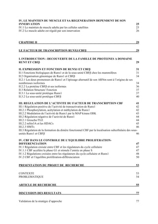 IV. LE MAINTIEN DU MUSCLE ET SA REGENERATION DEPENDENT DE SON
INNERVATION 25
IV.1 Le maintien de muscle adulte par les cellules satellites 25
IV.2 Le muscle adulte est régulé par son innervation 26
CHAPITRE II 29
LE FACTEUR DE TRANSCRIPTION RUNX1/CBFβ 29
I. INTRODUCTION : DECOUVERTE DE LA FAMILLE DE PROTEINES A DOMAINE
RUNT ET CBFβ 29
II. EXPRESSION ET FONCTION DE RUNX1 ET CBFβ 31
II.1 Fonctions biologiques de Runx1 et de la sous-unité CBFβ chez les mammifères 31
II.2 Organisation génomique de Runx1 et CBFβ 34
II.2.1 Les deux promoteurs de Runx1 et l’épissage alternatif de son ARNm sont à l’origine de ses
nombreuses isoformes 34
II.2.2 La protéine CBFβ et ses isoformes 36
II.3 Relation Structure/ Fonction 37
II.3.1 La sous-unité protéique Runx1 37
II.3.2 La sous-unité protéique CBFβ 40
III. REGULATION DE L’ACTIVITE DU FACTEUR DE TRANSCRIPTION CBF 41
III.1 Régulation positive de l’activité de transactivation de Runx1 42
III.2.1 Phosphorylation, acétylation et méthylation de Runx1 42
III.2.2 Modulation de l’activité de Runx1 par la MAP kinase ERK 43
III.2 Régulation négative de l’activité de Runx1 44
III.2.1 Groucho/TLE 44
III.2.2 mSin3A et les HDACs 45
III.2.3 HMTs 46
III.3 Régulation de la formation du dimère fonctionnel CBF par la localisation subcellulaire des sous-
unités Runx1 et CBFβ 46
IV. CBF DANS LE CONTROLE DE L’EQUILIBRE PROLIFERATION-
DIFFERENCIATION 47
IV.1 Régulation croisée entre CBF et les régulateurs du cycle cellulaire 47
IV.1.1 CBF accélère la phase G1 et stimule l’entrée en phase S 47
IV.1.2 Régulations croisées entre les régulateurs du cycle cellulaire et Runx1 48
IV.2 CBF et l’équilibre prolifération-différenciation 50
PRESENTATION DU PROJET DE RECHERCHE 53
CONTEXTE 53
PROBLEMATIQUE 54
ARTICLE DE RECHERCHE 55
DISCUSSION DES RESULTATS 77
Validation de la stratégie d’approche 77
 