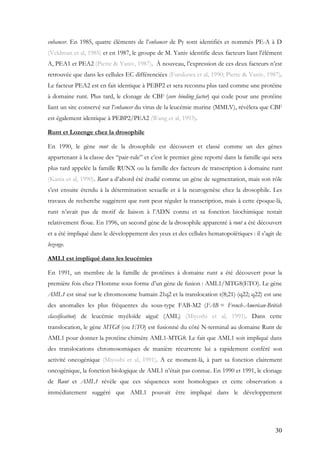 30
enhancer. En 1985, quatre éléments de l’enhancer de Py sont identifiés et nommés PE-A à D
(Veldman et al, 1985) et en 1987, le groupe de M. Yaniv identifie deux facteurs liant l’élément
A, PEA1 et PEA2 (Piette & Yaniv, 1987). À nouveau, l’expression de ces deux facteurs n’est
retrouvée que dans les cellules EC différenciées (Furukawa et al, 1990; Piette & Yaniv, 1987).
Le facteur PEA2 est en fait identique à PEBP2 et sera reconnu plus tard comme une protéine
à domaine runt. Plus tard, le clonage de CBF (core binding factor) qui code pour une protéine
liant un site conservé sur l’enhancer du virus de la leucémie murine (MMLV), révèlera que CBF
est également identique à PEBP2/PEA2 (Wang et al, 1993).
Runt et Lozenge chez la drosophile
En 1990, le gène runt de la drosophile est découvert et classé comme un des gènes
appartenant à la classe des “pair-rule” et c’est le premier gène reporté dans la famille qui sera
plus tard appelée la famille RUNX ou la famille des facteurs de transcription à domaine runt
(Kania et al, 1990). Runt a d’abord été étudié comme un gène de segmentation, mais son rôle
s’est ensuite étendu à la détermination sexuelle et à la neurogenèse chez la drosophile. Les
travaux de recherche suggèrent que runt peut réguler la transcription, mais à cette époque-là,
runt n’avait pas de motif de liaison à l’ADN connu et sa fonction biochimique restait
relativement floue. En 1996, un second gène de la drosophile apparenté à runt a été découvert
et a été impliqué dans le développement des yeux et des cellules hematopoïétiques : il s’agit de
lozenge.
AML1 est impliqué dans les leucémies
En 1991, un membre de la famille de protéines à domaine runt a été découvert pour la
première fois chez l’Homme sous forme d’un gène de fusion : AML1/MTG8(ETO). Le gène
AML1 est situé sur le chromosome humain 21q2 et la translocation t(8;21) (q22; q22) est une
des anomalies les plus fréquentes du sous-type FAB-M2 (FAB = French-American-British
classification) de leucémie myéloïde aiguë (AML) (Miyoshi et al, 1991). Dans cette
translocation, le gène MTG8 (ou ETO) est fusionné du côté N-terminal au domaine Runt de
AML1 pour donner la protéine chimère AML1-MTG8. Le fait que AML1 soit impliqué dans
des translocations chromosomiques de manière récurrente lui a rapidement conféré son
activité oncogénique (Miyoshi et al, 1991). A ce moment-là, à part sa fonction clairement
oncogénique, la fonction biologique de AML1 n’était pas connue. En 1990 et 1991, le clonage
de Runt et AML1 révèle que ces séquences sont homologues et cette observation a
immédiatement suggéré que AML1 pouvait être impliqué dans le développement
 