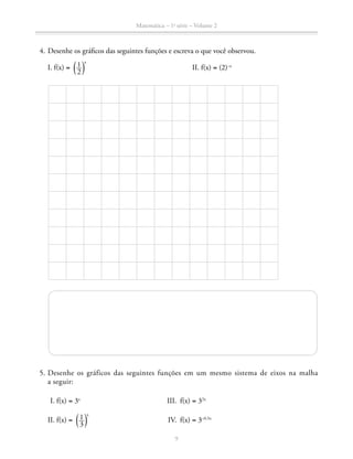 Matemática – 1a
série – Volume 2
9
	 4.	Desenhe os gráficos das seguintes funções e escreva o que você observou.
		 I. f(x) = ​ª ​ 1 __ 
2
 ​ º​
x
					II. f(x) = (2)–x
	
	 5.	Desenhe os gráficos das seguintes funções em um mesmo sistema de eixos na malha
a seguir:
	I.	f(x) = 3x
	 III.	 f(x) = 32x
	II.	 f(x) = ​ª ​ 1 __ 
3
 ​ º​
x
	 IV.	f(x) = 3–0,5x
 