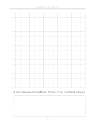 Matemática – 1a
série – Volume 2
10
	 a)	 Escreva cada uma das funções na forma y = (ak
)
x
, com a  0 e a ≠ 1, identificando o valor de k.
 