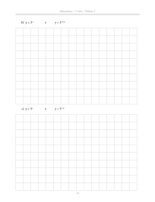 Matemática – 1a
série – Volume 2
14
	 b)	 y = 3−x
		 e 	 y = 3−0,5x
	 c)	 y = 5x
		 e 	 y = 51,5x
 