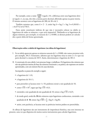 Matemática – 1a
série – Volume 2
21
Por exemplo, como a razão ​ 3 000 _____ 
300
 ​é igual a 10, a diferença entre seus logaritmos deve
ser igual a 1, ou seja, eles têm a mesma parte decimal, diferindo apenas na parte inteira.
O mesmo acontece com os logaritmos de 300, de 30 e de 3.
Também notamos que, como 6 = 2 ⋅ 3, então log 6 = log 2 + log 3 ≅ 0,30103 +
+ 0,47712 ≅ 0,77815.
Fatos assim constituem indícios de que não é necessário colocar na tabela os
logaritmos de todos os números, o que seria impossível. Tabelando-se os logaritmos de
alguns números, por exemplo, os naturais de 1 a 10 000, os demais podem ser calcula-
dos a partir deles de forma aproximada.
Observações sobre a tabela de logaritmos (ou tábua de logaritmos)
I.	Se na tabela aparecem apenas os números naturais de 1 a 10 000, não vamos encontrar nela,
por exemplo, 381,5. Entretanto, sabemos que seu logaritmo situa-se entre 2 e 3 e que sua
parte decimal é a mesma de 3 815. Assim, determinamos o logaritmo de 381,5.
II.	A construção de uma tabela é um processo longo e trabalhoso. Os logaritmos dos números que
não são potências inteiras da base são números irracionais e, na prática, são expressos em termos
aproximados, com um número fixo de casas decimais.
	 Acompanhe os passos do exemplo a seguir:
•	 o logaritmo de 1 é 0;
•	 o logaritmo de 10 é 1;
•	 para preencher as lacunas entre 1 e 10, podemos extrair a raiz quadrada de 10;
•	 como ​® 
___
 10 ​ = 10
​ 1
 __
 2
 ​
, segue que log ​® 
___
 10 ​ = 0,5;
•	 extraindo a raiz quadrada da raiz quadrada de 10, temos o log ​
4
 ® 
___
 10 ​ = 0,25;
•	 de modo geral, sendo A e B dois números cujos logaritmos conhecemos, extraindo a raiz
quadrada de A ⋅ B, temos: log  ​® 
___
 AB ​ = ​ 1 __ 
2
 ​· (log A + log B);
•	 assim, com paciência, as lacunas entre as potências inteiras podem ser preenchidas.
As tábuas de logaritmos são um instrumento de importância histórica, mas sem interesse no
presente, uma vez que dispomos de muitos outros instrumentos para calcular logaritmos.
 