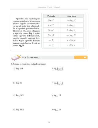 Matemática – 1a
série – Volume 2
24
VOCÊ APRENDEU?
	 4.	Calcule os logaritmos indicados a seguir:
	 a)	log2
128	 e)	log2
​ª ​  1 ____ 
256
 ​ º​
	 b)	log3
81	 f)	log3
​ª ​  1 ____ 
243
 ​ º​
	 c)	log13
169	 g)	log169
13
	 d)	log5
3 125	 h)	log125
25
Quando a base escolhida para
expressar um número N como uma
potência é igual a 10, con­venciona-
-se que ela pode ficar subentendi-
da; se optarmos por outra base a,
diferente de 10, somos obrigados
a registrá-la. Assim, log N repre-
senta o logaritmo de N na base 10,
também chamado logaritmo deci-
mal de N; já o logaritmo de N em
qualquer outra base a, deverá ser
escrito: loga
N.
Potência Logaritmo
N = N1
1 = logN
N
1 = 170
0 = log17
1
N = a7
7 = loga
N
N = 13a
a = log13
N
x = 3n
n = log3
x
x = yz
z = logy
x
 