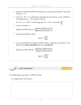 Matemática – 1a
série – Volume 2
29
VOCÊ APRENDEU?
	 9.	Estabelecendo-se que log 2 = 0,30103, calcule:
	 a)	 o logaritmo de 10 na base 2;
•	 queremos o logaritmo de N em outra base a, ou seja, queremos saber o valor de m
tal que N = am
;
•	 como N = 10n
= am
, conhecendo o logaritmo da nova base a, ou seja, sabendo o
valor de k tal que a = 10k
, podemos escrever:
	N = 10n
= am
= (10k
)
m
, de onde segue que 10n
= 10km
, e, então, m =
n
k
;
•	 ou seja, em palavras:
	 logaritmo de N na base a = ​ 
logaritmo de N na base 10
  _____________________  
logaritmo de a na base 10
 ​;
•	 em notação simbólica, temos:	 	
	 loga
 N = ​ 
log N
 _____ 
log a
 ​
•	 com um procedimento análogo, podemos obter a expressão que permite a mu-
dança de uma base conhecida a para uma nova base b:
	 logaritmo de N na base b =  ​ 
logaritmo de N na base a 
  _____________________  
  logaritmo de b na base a
 ​ ;
	 logb
 N = ​ 
loga
 N
 ______ 
loga
 b
 ​
 
