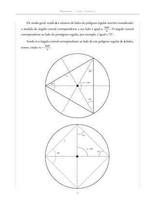 76
Matemática – 1a
série – Volume 2
De modo geral, sendo n o número de lados do polígono regular inscrito considerado,
a medida do ângulo central correspondente a seu lado é igual a 360o
n
. O ângulo central
correspondente ao lado do pentágono regular, por exemplo, é igual a 72°.
Sendo a o ângulo central correspondente ao lado de um polígono regular de n lados,
temos, então: a = 360o
n
.
l3
60º
30º
30º
α = 120º
l4
l6
90º
= 60º
60º
α
30º
30º
α = 120º
l4
α = 90º
90º
45º
45º
60º
 