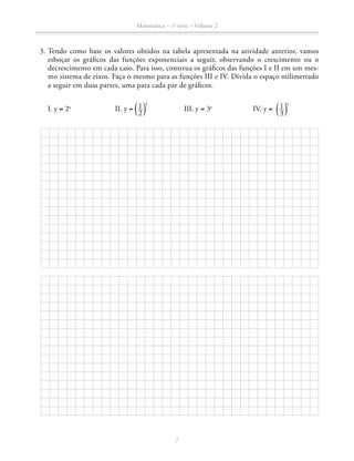 Matemática – 1a
série – Volume 2
7
	 3.	Tendo como base os valores obtidos na tabela apresentada na atividade anterior, vamos
esboçar os gráficos das funções exponenciais a seguir, observando o crescimento ou o
­decrescimento em cada caso. Para isso, construa os gráficos das funções I e II em um mes-
mo sistema de eixos. Faça o mesmo para as funções III e IV. Divida o espaço milimetrado
a seguir em duas partes, uma para cada par de gráficos.
		 I. y = 2x
	 II. y = ​ª ​ 1 __ 
2
 ​ º​
x
	 III. y = 3x
	 IV. y = ​ª ​ 1 __ 
3
 ​ º​
x
 