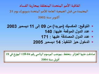 ‫الفساد‬ ‫بة‬‫ر‬‫بمحا‬‫المتعلقة‬‫المتحدة‬‫مم‬
‫أ‬
‫ال‬‫اتفاقية‬
‫يوم‬‫ك‬‫ر‬‫بنيويو‬‫المتحدة‬‫مم‬
‫أ‬
‫لل‬‫العامة‬‫الجمعية‬‫قبل‬‫من‬‫المعتمدة‬
31
‫سنة‬ ‫توبر‬‫ك‬
‫أ‬
‫ا‬
2003

‫التوقيع‬
:
‫المكسيك‬
(
‫ميريدا‬
)
‫من‬
09
‫إلى‬
11
‫ديسمبر‬
2003

‫عليها‬ ‫الموقعة‬ ‫الدول‬ ‫عدد‬
:
140

‫عليها‬ ‫المصادقة‬ ‫الدول‬ ‫عدد‬
:
171

‫التنفيذ‬ ‫حيز‬ ‫الدخول‬
:
14
‫ديسمبر‬
2005
‫رقم‬‫الرائسي‬‫المرسوم‬‫بموجب‬،‫بتحفظ‬،‫ائر‬‫ز‬‫الج‬‫عليها‬‫صادقت‬
04
-
128
‫في‬ ‫خ‬‫ر‬‫المؤ‬
19
‫سنة‬‫يل‬‫ر‬‫ف‬
‫أ‬
‫ا‬
2004
 