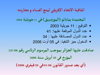 ‫الفساد‬‫لمنع‬‫يقي‬‫ر‬‫ف‬‫إ‬‫ل‬‫ا‬‫التحاد‬‫اتفاقية‬
‫و‬
‫بته‬‫ر‬‫محا‬
‫بماباتو‬‫المعتمدة‬
(
‫مبيق‬‫ز‬‫المو‬
)
‫في‬
11
‫جويلية‬
2003

‫التوقيع‬
:
11
‫جويلية‬
2003

‫عليها‬ ‫الموقعة‬ ‫الدول‬ ‫عدد‬
:
41

‫عليها‬ ‫المصادقة‬ ‫الدول‬ ‫عدد‬
:
34

‫التنفيذ‬ ‫حيز‬ ‫الدخول‬
:
‫في‬
05
‫أوت‬
2006
‫رقم‬‫الرائسي‬‫المرسوم‬‫بموجب‬‫ائر‬‫ز‬‫الج‬ ‫عليها‬‫صادقت‬
06
-
137
‫في‬‫خ‬‫ر‬‫المؤ‬
10
‫سنة‬ ‫يل‬‫ر‬‫ب‬
‫أ‬
‫ا‬
2006
(
‫القانون‬‫ر‬‫صدو‬‫بعد‬‫ي‬
‫أ‬
‫ا‬
06
-
01
‫في‬
20
‫ي‬‫فيفر‬
2006
)
 