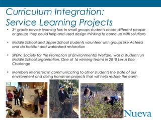 Curriculum Integration:
Service Learning Projects
•

3rd grade service learning fair: In small groups students chose different people
or groups they could help and used design thinking to come up with solutions

•

Middle School and Upper School students volunteer with groups like Acterra
and do habitat and watershed restoration

•

SPEW, Society for the Promotion of Environmental Welfare, was a student run
Middle School organization. One of 16 winning teams in 2010 Lexus Eco
Challenge

•

Members interested in communicating to other students the state of our
environment and doing hands-on projects that will help restore the earth

 