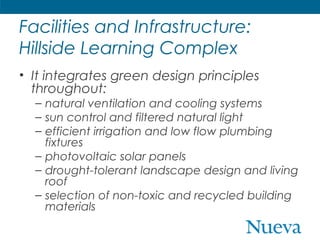 Facilities and Infrastructure:
Hillside Learning Complex
• It integrates green design principles
throughout:
– natural ventilation and cooling systems
– sun control and filtered natural light
– efficient irrigation and low flow plumbing
fixtures
– photovoltaic solar panels
– drought-tolerant landscape design and living
roof
– selection of non-toxic and recycled building
materials

 