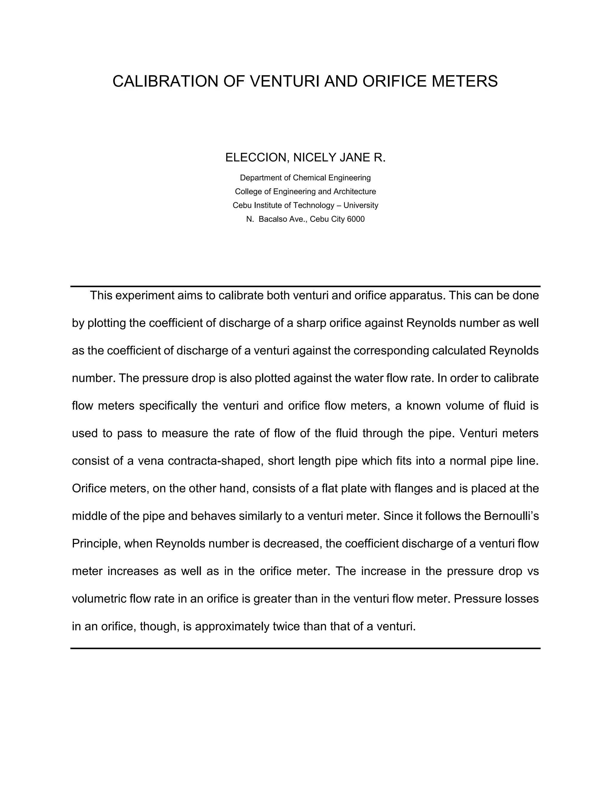 Calibration of Venturi and Orifice Meters | PDF