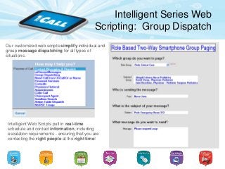 Intelligent Series Web
Scripting: Group Dispatch
Our customized web scripts simplify individual and
group message dispatching for all types of
situations.
Intelligent Web Scripts pull in real-time
schedule and contact information, including
escalation requirements - ensuring that you are
contacting the right people at the right time!
 