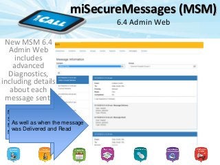 miSecureMessages (MSM)
6.4 Admin Web
New MSM 6.4
Admin Web
includes
advanced
Diagnostics,
including details
about each
message sent.
New Diagnostic tool to
Show you details about each
Message, including the
Notifications sent out.
As well as when the message
was Delivered and Read
 
