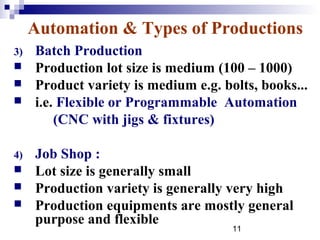 Automation & Types of Productions
3)   Batch Production
    Production lot size is medium (100 – 1000)
    Product variety is medium e.g. bolts, books...
    i.e. Flexible or Programmable Automation
         (CNC with jigs & fixtures)

4)   Job Shop :
    Lot size is generally small
    Production variety is generally very high
    Production equipments are mostly general
     purpose and flexible
                                      11
 