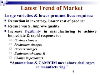 Latest Trend of Market
Large varieties & lower product lives requires:
   Reduction in inventory, Lower cost of product
   Reduce waste, Improve quality
   Increase flexibility in manufacturing to achieve
    immediate & rapid response to:
       Product changes
       Production changes
       Process changes
       Equipment changes &
       Change in personnel
     “Automations & CAM/CIM meet above challenges
                   in manufacturing.”
                                       6
 