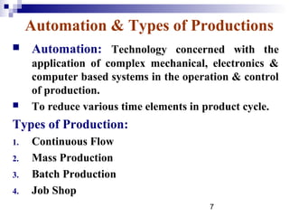 Automation & Types of Productions
    Automation: Technology concerned with the
     application of complex mechanical, electronics &
     computer based systems in the operation & control
     of production.
    To reduce various time elements in product cycle.
Types of Production:
1.   Continuous Flow
2.   Mass Production
3.   Batch Production
4.   Job Shop
                                        7
 