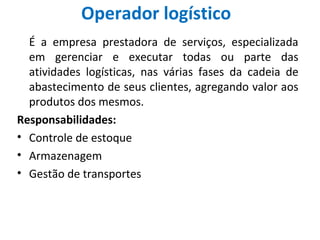 É a empresa prestadora de serviços, especializada
em gerenciar e executar todas ou parte das
atividades logísticas, nas várias fases da cadeia de
abastecimento de seus clientes, agregando valor aos
produtos dos mesmos.
Responsabilidades:
• Controle de estoque
• Armazenagem
• Gestão de transportes
Operador logístico
 
