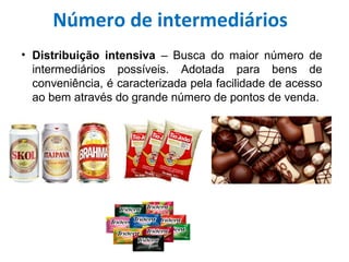 • Distribuição intensiva – Busca do maior número de
intermediários possíveis. Adotada para bens de
conveniência, é caracterizada pela facilidade de acesso
ao bem através do grande número de pontos de venda.
Número de intermediários
 