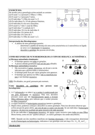 EXERCÍCIOS:
De acordo com a genealogia acima assinale as corretas:
(a) O casal 1 e 2 possuem 2 filhas e 1 filho.
(b) O casal 1 e 2 possuem 5 netos.
(c) O indivíduo 7 é filho do casal 1 e 2.
(d) Os indivíduos 9 e 10 são gêmeos fraternos.
(e) O indivíduo 8 é do sexo masculino.
(f) O casal 6 e 7 têm 1 casal de filhos.
(g) O indivíduo 7 é cunhado do 5.
(h) O indivíduo 10 é tio do indivíduo 4.
(i) O indivíduo 10 é primo do 8.
(j) O indivíduo 10 é neto do 1.
(l) O indivíduo 3 é filho do casal 1 e 2.
Interpretação dos Heredogramas:
• A análise de uma genealogia permite:
– determinar o padrão de herança de uma certa característica se é autossômica ou ligada
ao sexo e se é dominante ou recessiva;
– descobrir o genótipo das pessoas envolvidas.
COMO RECONHECER NUM HEREDOGRAMA O TIPO DE HERANÇA AUTOSSÔMICA
a) Herança autossômica dominante:
• O fenótipo aparece em todas as gerações.
• A pessoa afetada geralmente tem um dos pais afetados.
b) Herança autossômica recessiva:
• São necessários 2 genes recessivos, um do pai e um da
mãe para que a pessoa tenha a característica.
• O fenótipo pode ficar por várias gerações sem aparecer.
• O fenótipo que aparece no filho e não se manifesta nos
pais é um fenótipo recessivo.
OBS: Os afetados, em geral, possuem pais normais.
Como descobrir os genótipos das pessoas num
heredograma:
1. A 1ª informação a se obter é se o caráter é condicionado por
um gene dominante ou recessivo. Para isso, devemos
procurar casais que são fenotipicamente iguais e tiveram
filhos diferentes deles, pois indicam que o caráter presente
no filho é recessivo!
2. A seguir localizar os homozigotos recessivos (anotar o genótipo).
3. Depois disso, podemos começar a descobrir os outros genótipos. Para isso devemos observar que:
a) Em um par de genes alelos, um veio do pai e o outro veio da mãe. Se um indivíduo é homozigoto
recessivo, ele deve ter recebido um gene recessivo de cada ancestral.
b) Se um indivíduo é homozigoto recessivo, ele envia o gene recessivo para todos os seus filhos.
Dessa forma, como em um “quebra-cabeças”, os outros genótipos vão sendo descobertos.
OBS.: Quando um dos membros manifesta um fenótipo dominante, e não conseguimos determinar
se ele é homozigoto ou heterozigoto, indicamos o seu genótipo com um traço: Ex.: A_, B_ ou C_.
TRABALHO
 
